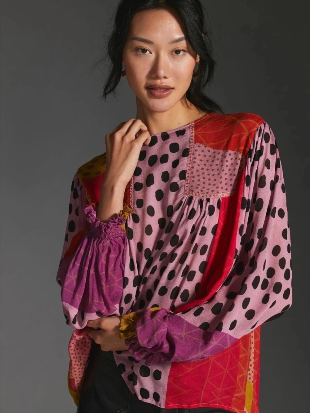 Anthropologie Blnk London Miranda Peasant Blouse - Pink Black Eclectic Print